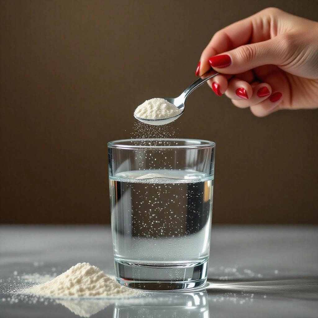 Close-up image of hand holding shiny spoon. Spoon pouring protein powder into a glass with clear water. Hand has elegant fingers and red nails. Powder falling and dissolving in water. Realistic textures and studio lighting.