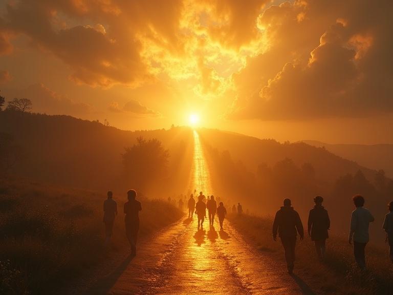 Path leading from village to sky with people of various ages walking in a symbolic and golden-toned atmosphere.
