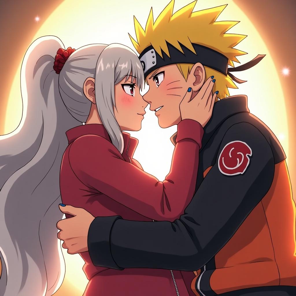 Anime style illustration of two characters in an embrace. One character is wearing a dark orange and black outfit with a red emblem. The other character has long white hair and wears a red jacket. Soft warm lighting enhances the romantic atmosphere.