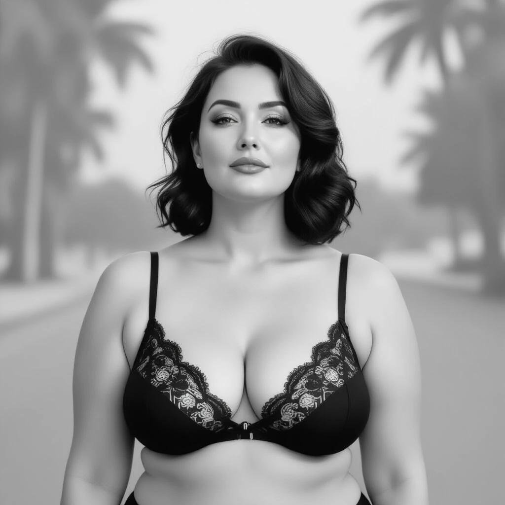 A woman of moderate age with curvy physique wearing an intricate black lace bra. Surreal atmosphere with a dreamy background of palm trees. Photograph in monochrome with soft lighting.
