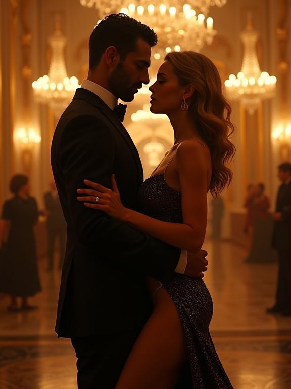 Luxurious ballroom with golden chandeliers and opulent decor. Centered couple dancing. Woman in elegant gown with high slit revealing thigh holster and hidden pistol. Intense gaze exchanged between them. Romantic yet tense atmosphere with shadows. Golden and amber lighting. Style resembles espionage thriller cover art in a 3:4 portrait format.
