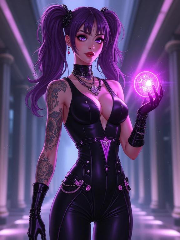 Anime character training in black hole society as an assassin. Woman with purple hair and amethyst eyes. Stylish black bodysuit with accessories and tattoos. Holding glowing teleport portal device. Setting is luxurious dojo inside a modern building. Features elegance and strength.