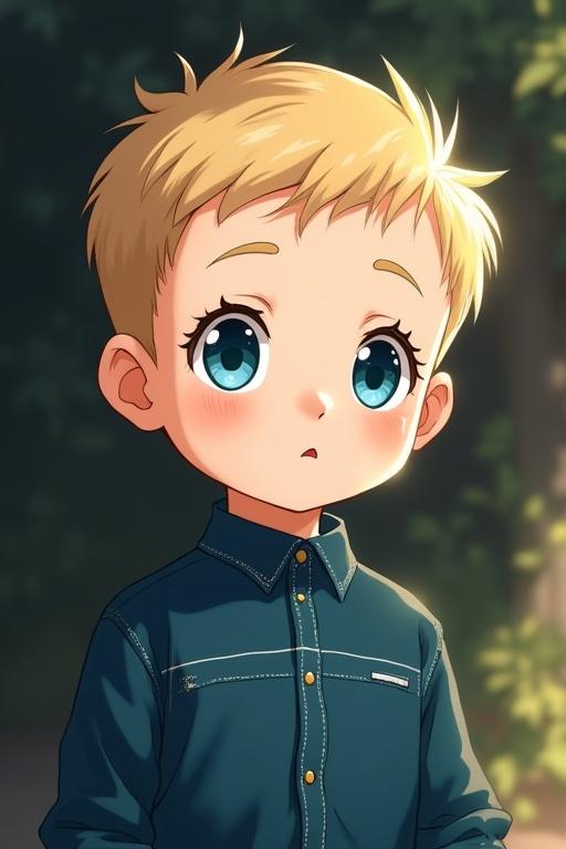 Anime style portrait of a young child. Short blonde hair styled neatly. Large blue eyes conveying curiosity. Innocent facial features with blush. Wearing a dark teal shirt with white stripes. Soft warm light highlighting the face. Blurred dark background suggesting nature. Painterly effect to enhance texture. Evoking innocence and warmth.