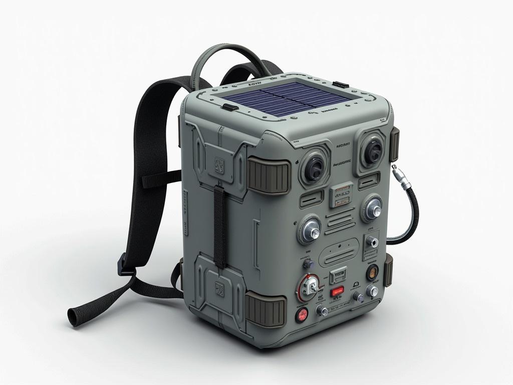 The image features a futuristic backpack design with a boxy structure. It has adjustable straps that suggest it can be worn comfortably. The top surface includes a solar panel, indicating it's capable of harnessing solar energy. Multiple buttons and knobs on the front hint at advanced functionality. A flexible hose emerges from the side, which adds to the high-tech aesthetic. The color scheme is mainly gray with textured surfaces, giving it a rugged look. Overall, the design appears to be suitable for outdoor or survival use.