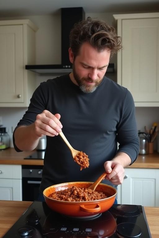 A man is cooking chilli con carne in a kitchen. He tastes food off a wooden spoon. The pot is on a black stove. There are white cupboards above and below. The floor is light grey.