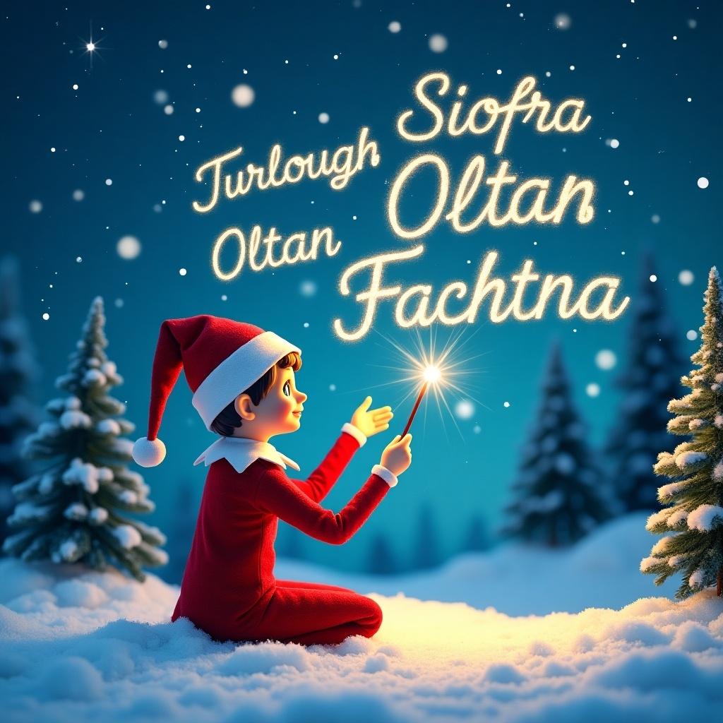 The image features an elf on the shelf, sitting on snow in Santa’s village. The elf is using a magical wand to write names in the sky. Above the elf, names like 'Siofra', 'Turlough', 'Ultan', and 'Fachtna' are written in sparkling light. The background showcases a beautiful sky filled with stars and evergreen trees covered in snow. The entire scene exudes a festive holiday atmosphere.