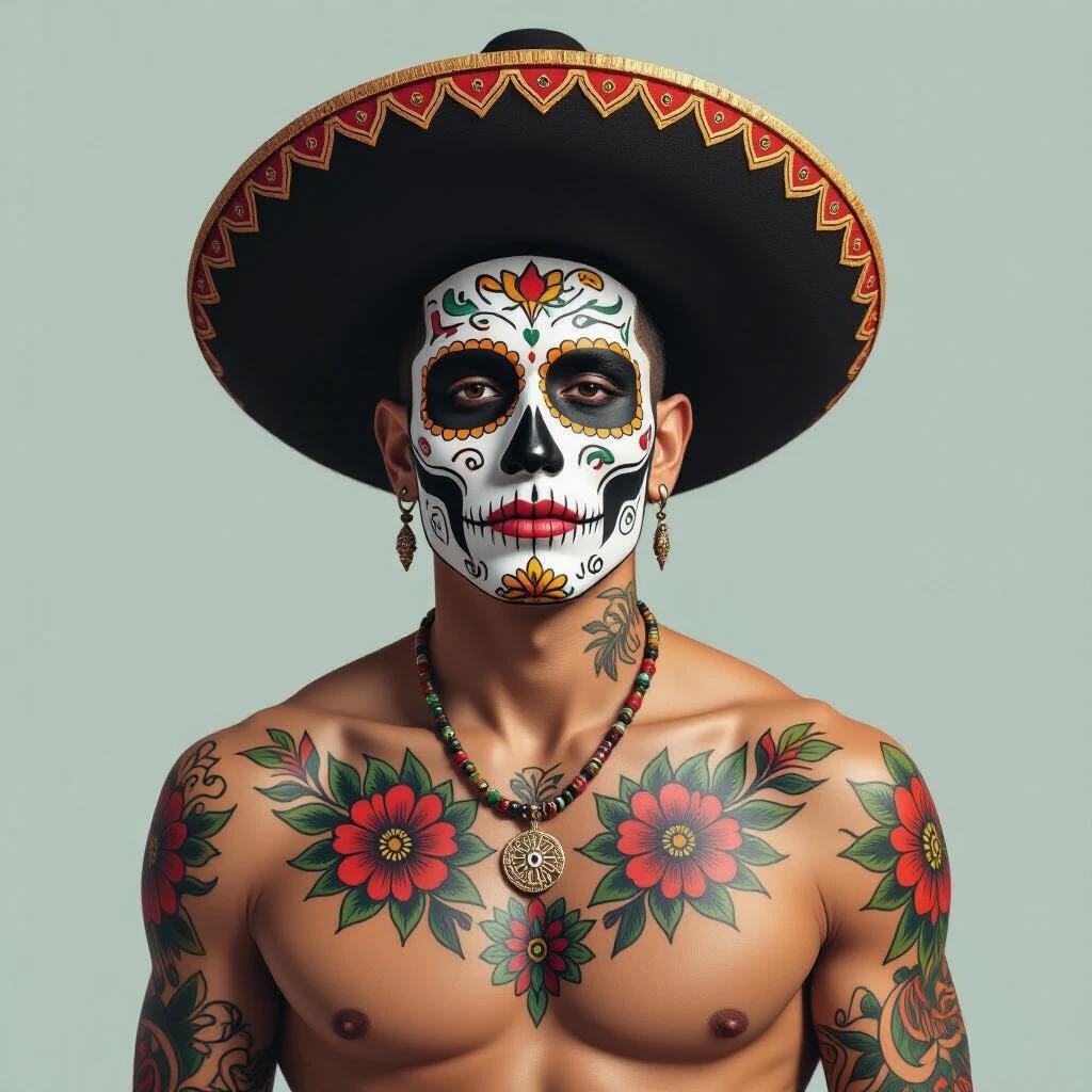 Image depicts strong focus on Día de los Muertos culture with vibrant and bold elements. A man with multiple tattoos and a skull design on his face, featuring detailed face paint in aqua and black. Red glowing eyes add a tragic mystical effect. He wears a large decorated sombrero and jewelry, with a skeleton-themed watch. Background is deep red, enhancing drama and festivity.