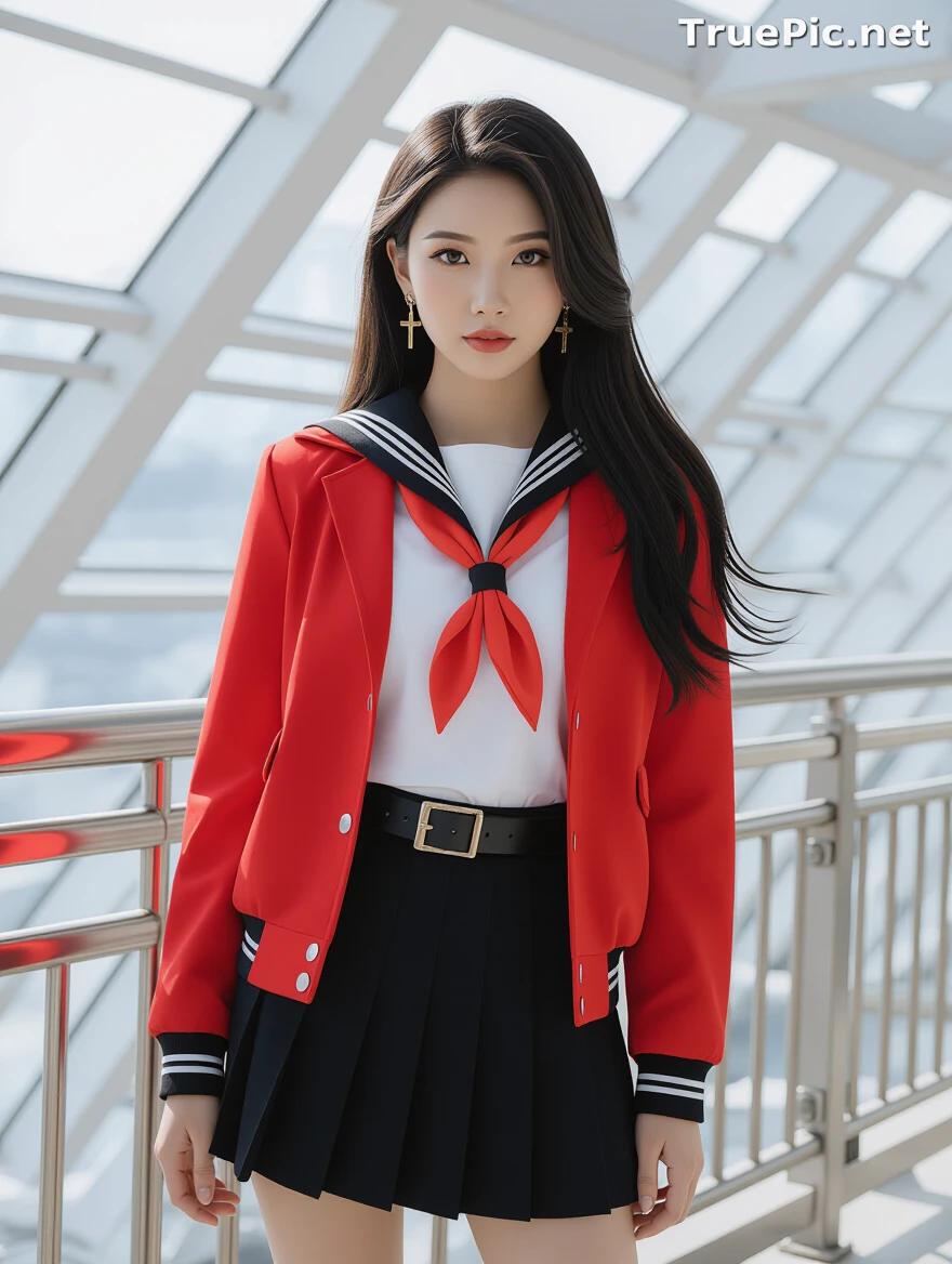 Photo of a young woman with long hair wearing a red jacket and a black and white sailor uniform top. The top features a red necktie. She has a black pleated skirt with a belt. The woman wears gold cross earrings and has a serious expression. The background is a modern industrial interior with metallic structures and large windows. The woman is slightly to the right, her body facing forward and head turned left. The composition uses the rule of thirds. Leading lines guide the eye to the subject. The color contrast is striking. Her hair is smooth with subtle waves. The overall aesthetic quality is very high, vibrant colors, and a well-balanced composition. The image is a medium close-up.