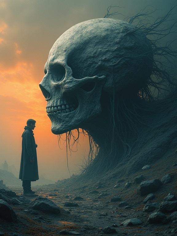 An abstract representation of life and death. A large skull with roots looms over a figure in a dark landscape. Colors blend from gray to muted orange with an atmospheric background. The scene evokes feelings of contemplation and existentialism.