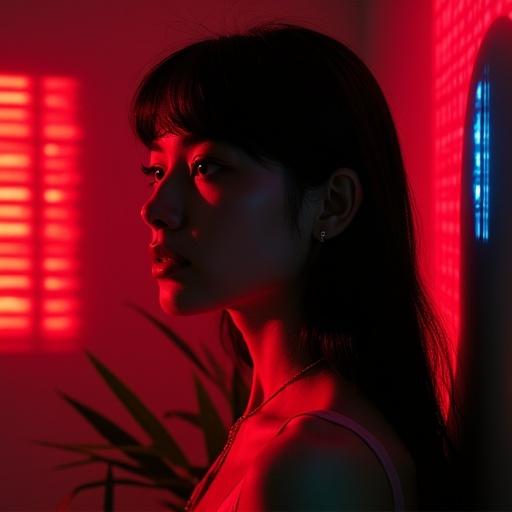 Portrait of a woman with atmospheric mood. Background is illuminated with red lights. Stylized shadows from blinds add retro aesthetic. Subject is separated from background with directed lighting. Colored halo appears on the wall from flashlight effect.