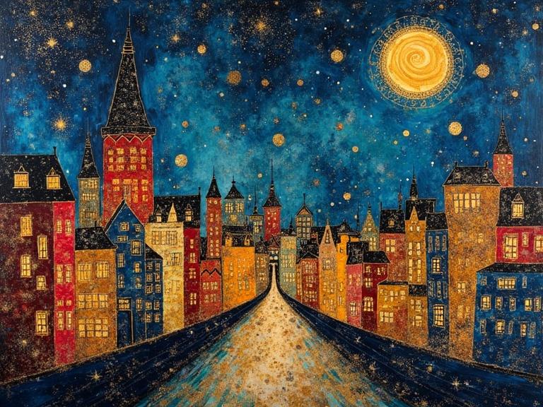 A cityscape inspired by the styles of Gustav Klimt and other iconic artists. The painting utilizes dripping ink and wet on wet splattering techniques. Golden sparkles represent stars in a dreamy night sky. The use of bright colors creates a sense of happiness. Composition is centered and perfectly balanced. The abstraction and high contrast add to its exquisite appeal.
