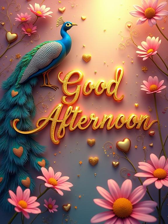 A vibrant 3D render modern art piece called Good Afternoon. Exquisite golden letters glow warmly. A radiant multi-colored gold peacock rests on the left. Hearts and sparkling stars add romance and magic. Delicate pink and yellow daisies are on the right side. Vibrant hearts and decorative flourishes fill the composition. The charming visual draws viewers into vivid colors and whimsical elements. Handwritten letters by Muny Vathana appear above the word Afternoon in gold ink.