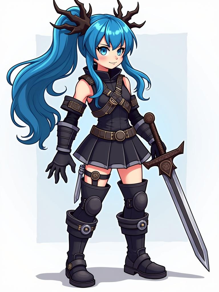 Design a roblox character. Girl with blue hair drawn in the style of Skullgirls. She has thorns in her hair and a sharp sword. She wears combat clothing and has long loose hair.