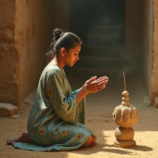 A woman kneels in the dust of a roadside temple tracing cracks in a broken idol. She whispers a prayer with parted lips and glazed eyes. Hands adorned with silver rings hover above an unlit incense stick. Dust motes swirl in a golden haze giving a sacred yet forgotten feeling.