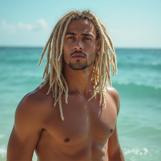Surprised handsome male with blonde dreadlocks standing in the ocean. Clean shaved appearance. Bright beach setting.