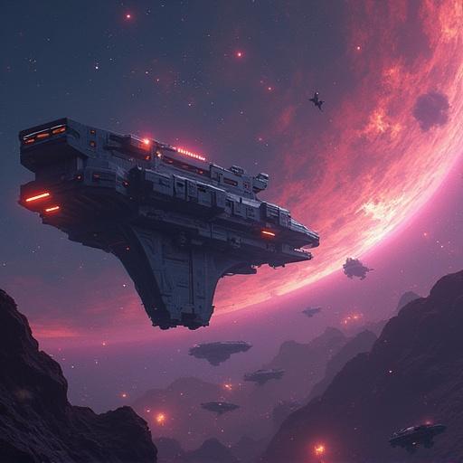 A futuristic spaceship hovers in a cosmic setting. Bright planets and stars fill the background. The spaceship has glowing elements. Other spacecraft are present, creating a battle scene.
