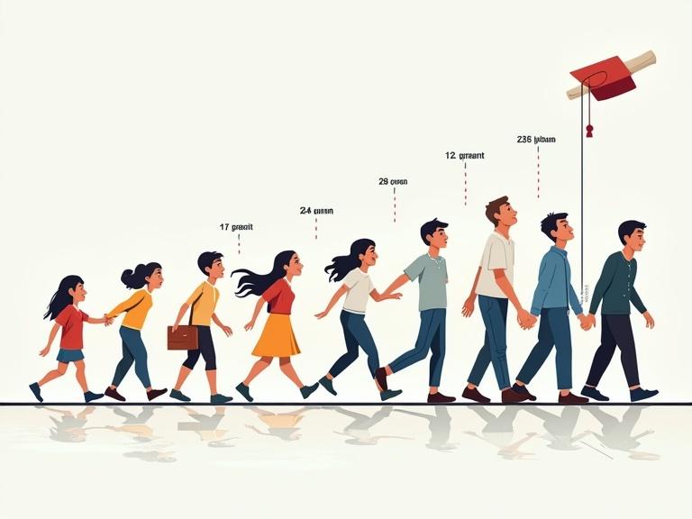 Illustration of a timeline showing ages from 12 to 18. Features characters of different ages walking toward a diploma. Dynamic infographic style representing fast progression.