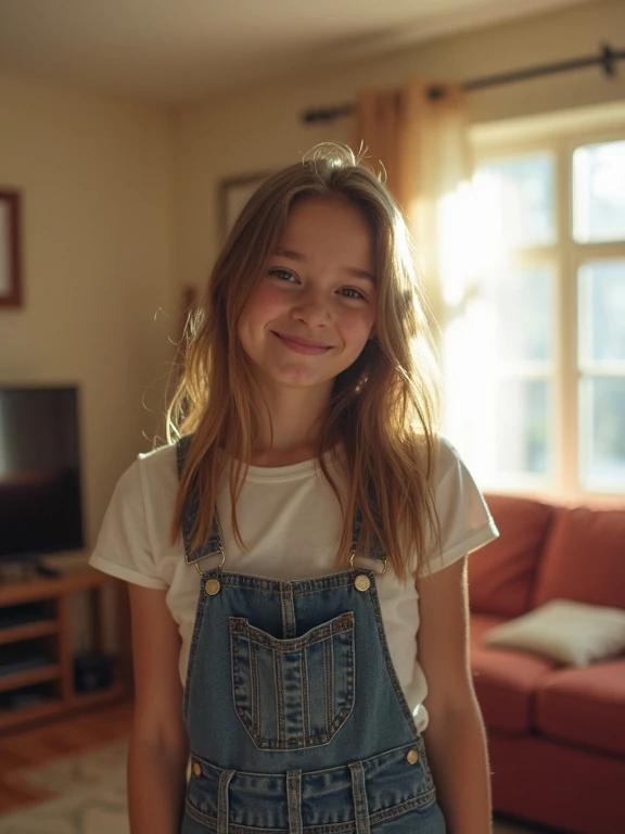 A full frame photograph of a teenage girl. The girl is wearing a denim jumper skirt. She is posed shyly with a flirty smile in a cozy living room. The setting features warm colors and natural sunlight, giving it an inviting atmosphere. The image has a low resolution with a slightly soft focus, creating a nostalgic and unpolished feel.