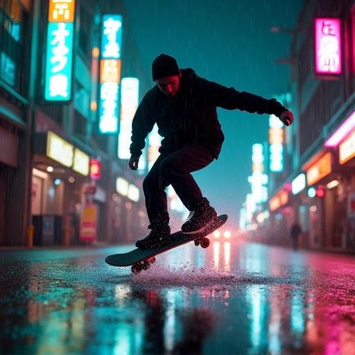 Lone man skateboarder in neon-lit Tokyo alley. Performing mid-360 flip. Pouring rain creating water droplets. Reflections of neon signs on wet asphalt. Dramatic fisheye lens distortion. Hyper-realistic rain texture. Motion blur of background traffic. Gritty urban atmosphere. 8K cinematic still with dark teal and magenta color grading.