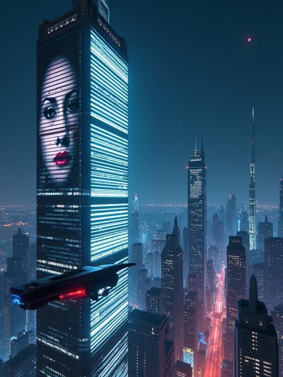 Futuristic cityscape at night with illuminated skyscraper and flying vehicle. Skyscraper has glowing panels displaying a woman's face. A sleek drone with red and blue lights flying towards the building. Background filled with tall buildings in varied architectural styles. Deep blue sky with stars and faint reddish glow.