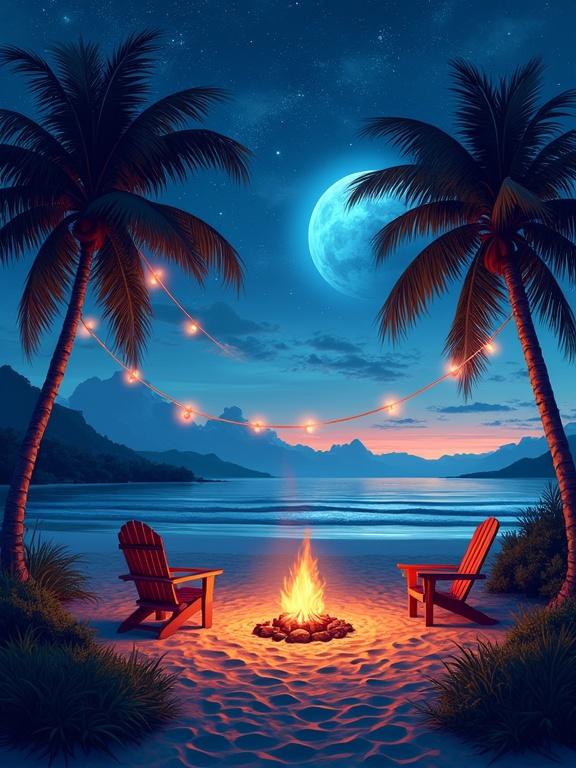 Tranquil beach scene at dusk with glowing campfire surrounded by palm trees and cozy chairs. String lights illuminate the area in a deep blue sky. Serene tropical beach landscape at twilight, featuring luminous planets and soft clouds. Vivid lighting emphasizes composition directing the viewer's eye from foliage to distant hills. Inspired by dreamy impressionistic styles with vivid colors.