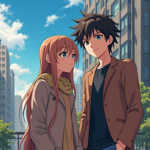 Anime couple in a modern city. One character has red hair and dark eyes. They wear urban clothing. The background shows tall buildings and greenery.