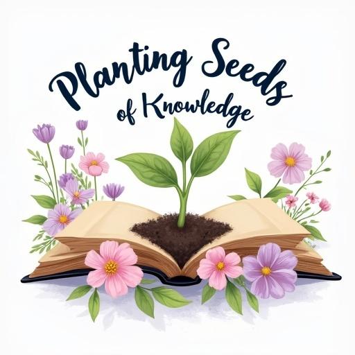 Elegant t-shirt design for teachers featuring seedling sprouting from open book surrounded by delicate pastel flowers with text 'Planting Seeds of Knowledge' in cursive font. Design centered on transparent background with soft watercolor texture, optimized for light gray t-shirt printing.