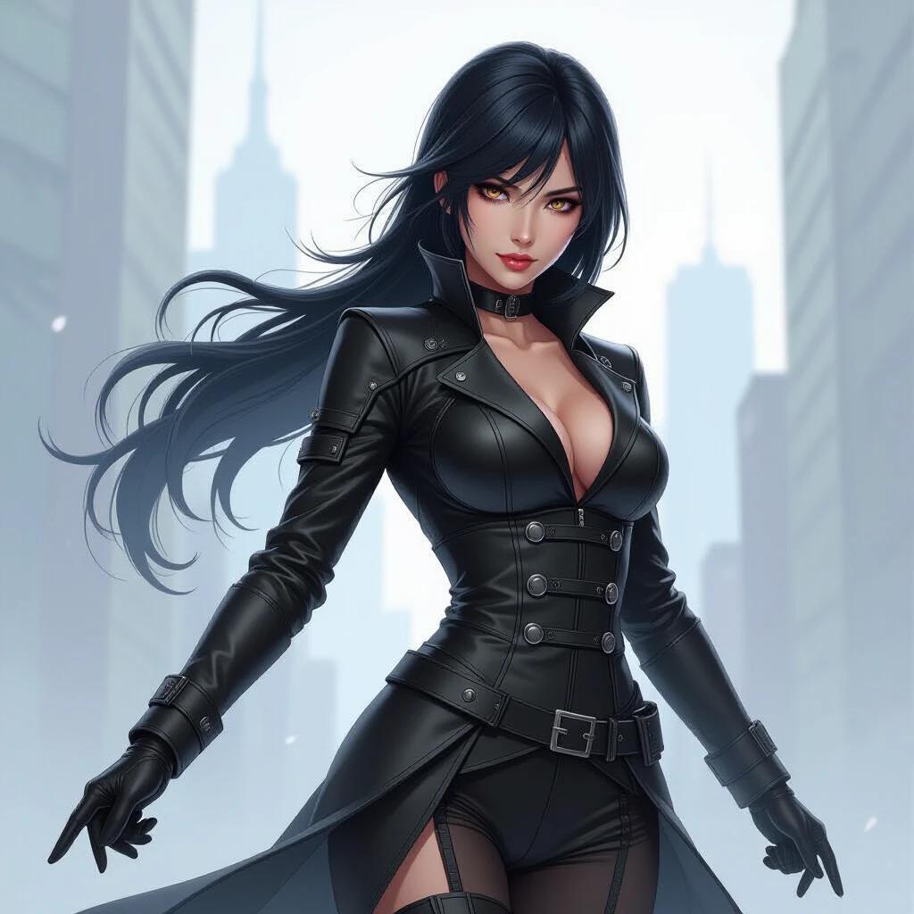 Illustration of a character wearing a black leather outfit in a city setting. Long black hair. Strong pose. Urban background with skyscrapers.