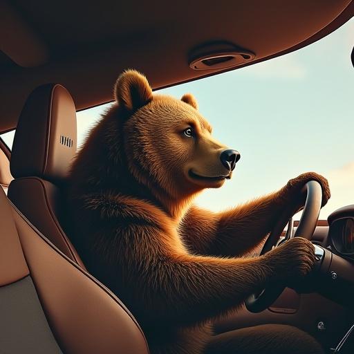 Realistic image of a bear driving a Porsche on a sunny road.