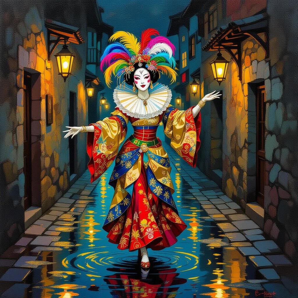 A creature dances in feathers and silks in a lit alley with puddles reflecting a hollow-faced mask. Expressionist style with surreal forms and twisted anatomy.