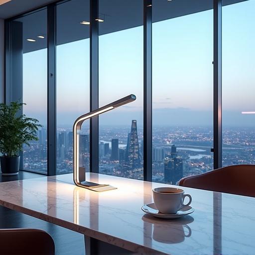 Photorealistic scene of a high-tech penthouse office with expansive glass walls offering a city view. A futuristic desk with a designer LED lamp, cutting-edge desktop, and a cup of hot tea on a marble surface.