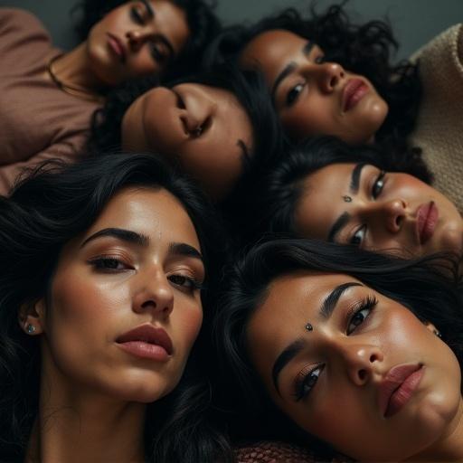 Numerous women and young teenage girls who are Scottish-Pakistani lay together on the floor. All have dark brown eyes, black hair, and dark skin. They possess full lips and thick eyebrows. Their eyes are wide open with mouths shut, showing a lifeless look of determination.
