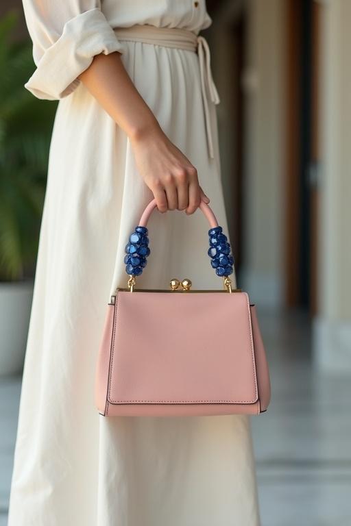 A stylish model holding a light blush lambskin handbag with a detachable blue sapphire bead handle. The model has a sleek low bun and warm ivory skin tone. She wears a cream linen midi dress. Soft window light illuminates the scene. The background features a blurred marble floor and hints of greenery.