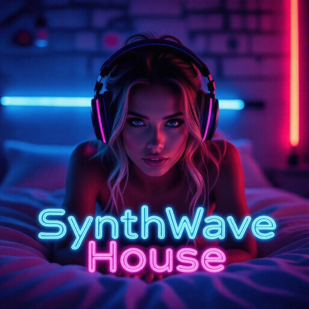 Close up of a girl in a dark neon bedroom. RGB lights create a vibrant atmosphere. Aesthetic features headphones, futuristic style writing. Text overlay: Synthwave House. DJ Cybertronixx included.