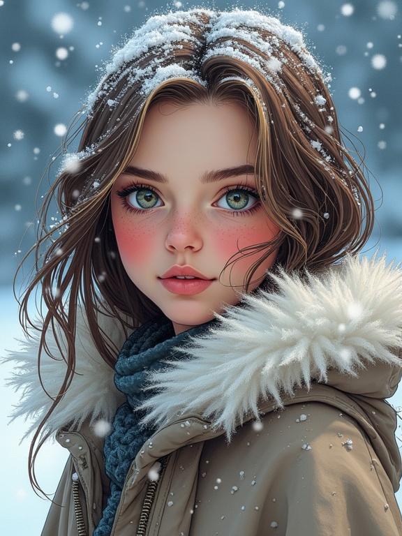 Winter portrait of a young woman with snow-dusted hair and rosy cheeks. She wears a fur-lined cloak and looks directly at the viewer with sparkling eyes. The background features falling snow, atmospheric effects, and dynamic lighting.