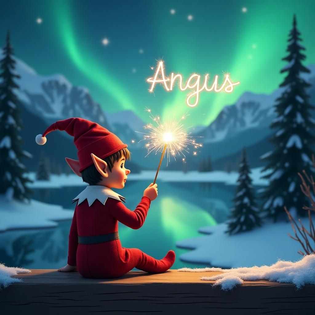 An elf sits on a wooden ledge with its back to the camera, gazing at a magical sky. The elf, dressed in a red outfit with a pointed hat, holds a sparkling wand. With the wand, he writes with the sparkler 'Angus'. The background features a snowy mountain landscape with a lake and evergreen trees under the shimmering Northern Lights. This whimsical scene captures the essence of childhood magic and Christmas cheer.