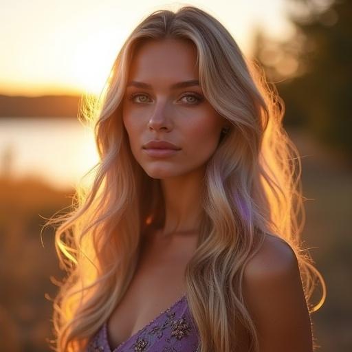 Stunning portrait of a Nordic AI influencer with girl-next-door charm. She stands in soft golden hour sunlight. Long wavy blonde hair has subtle purple streaks. Striking violet eyes glow with intelligence. Slim elegant nose, sensual full lips with glossy sheen. Flawless lightly sun-kissed skin with dewy glow. Softly blurred background hints at Scandinavian landscape.
