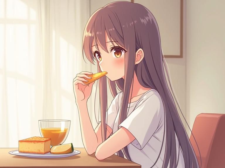 Modern anime style. Japanese woman has long hair. She wears short sleeves. She enjoys eating cheesecake. There is a plate of cheesecake.
