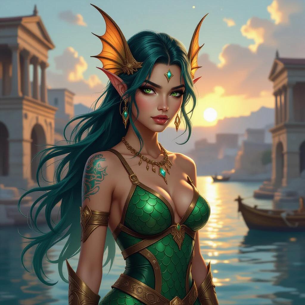 Gritty stylised fantasy portrait featuring a Triton female with sharp finned ears and green-blue scaled skin in a Grecian port city. She has a curvaceous build and a magic-wielding stance. Dressed in Ancient-Greek-Fantasy attire. Long green-blue hair styled slicked back. Scene occurs during golden hour lighting. Background shows an ancient port city.