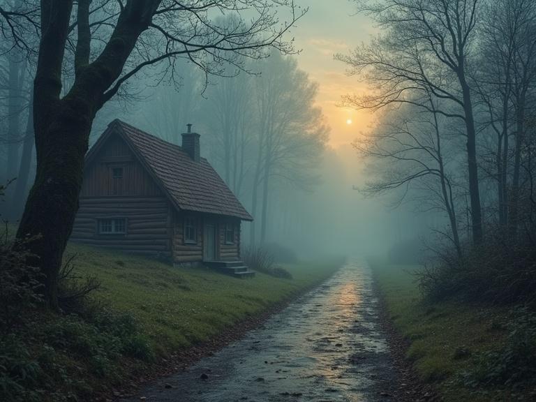 A log cabin in a foggy forest at sunrise. A pathway leads to the cabin surrounded by trees. Soft light illuminates the scene. Mysterious and tranquil ambiance.