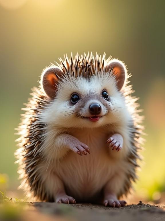 A happy hedgehog with a cute expression. The hedgehog is standing on all fours with its arms raised slightly. The background is softly blurred with warm sunlight.