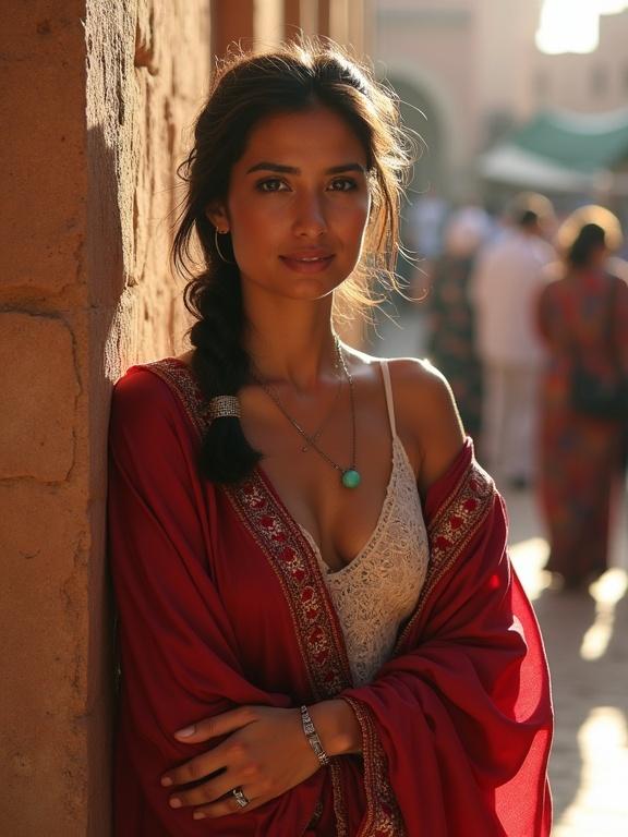 A hyperrealistic photograph shows a Moroccan woman leaning against a stone wall in Djemaa el-Fna square Marrakech. Warm golden light from the afternoon sun creates shadows. She wears a crimson silk caftan and a lace camisole. Her hair is braided with a turquoise bead. She has a vulnerable yet alluring expression with a slight smile, gesturing to the camera. The image captures her face and upper body, with a bustling marketplace in the background filled with vendors musicians and tourists.