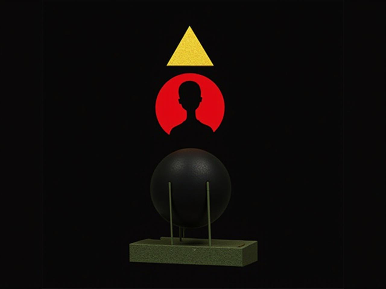 The image features abstract geometric shapes arranged in a creative way. At the top, there is a pyramid, which is a solid geometric figure with a square base. Below it, there is a black sphere that is surrounded by a red ring, creating a visual contrast. The central figure is reminiscent of a person, represented by a black silhouette with a smooth, rounded shape. At the bottom, there are two cylindrical shapes, suggesting a base or support. The entire composition is set against a black background, emphasizing the colorful elements.