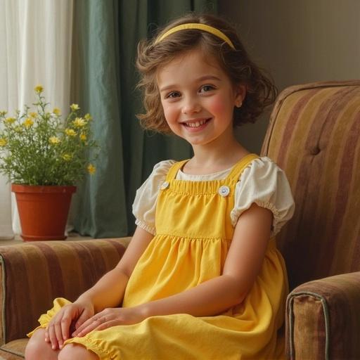 A painting depicting a young girl dressed in a vibrant yellow sundress. The girl sits on a chair in a cozy living room. She has a joyful smile on her face.
