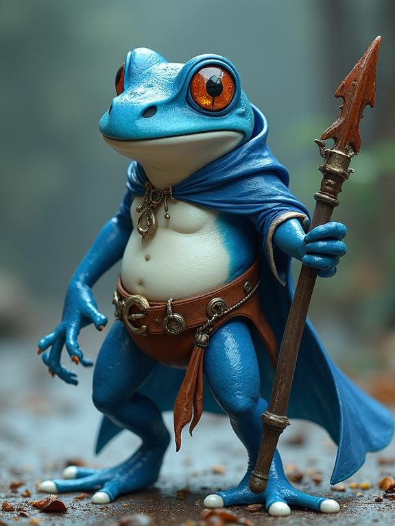 Humanoid blue frog with a white stomach. Lean and cute. Dynamic action pose. Fully clothed in pirate attire. Holding a staff. Portrays water magic. Very long tongue. Two-toned skin. Dressed like a pirate. DnD inspired. Fantasy theme. Semi-realistic style.