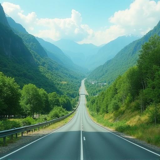 A green valley landscape with a highway featuring three lanes. The scene includes mountains in the background and plenty of greenery along the roadside.
