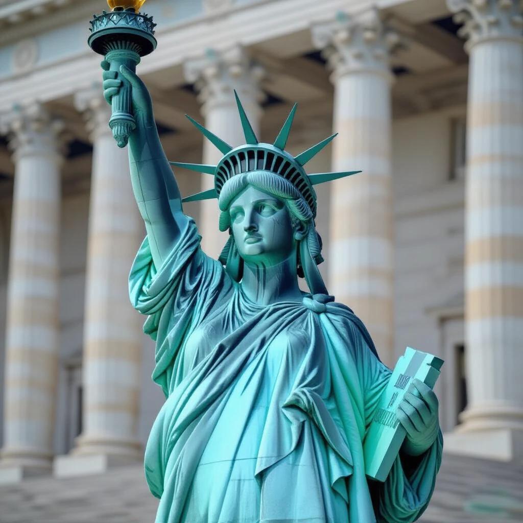 Image of the Statue of Liberty depicted in a playful scenario. Statue is holding a phone as if taking a selfie against a backdrop of historical architecture. Focus on the statue's facial expression and detailed features.
