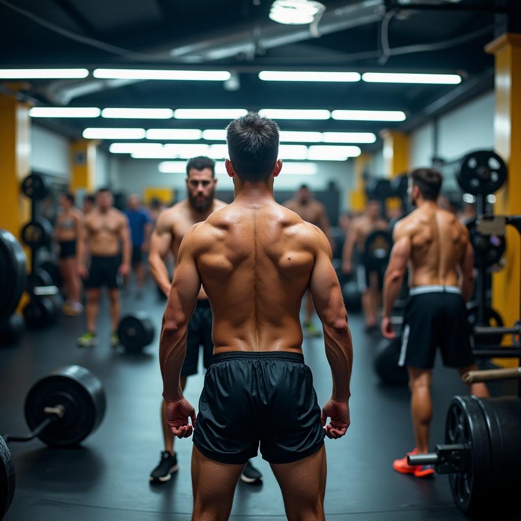 Image of a gym environment during a workout session. Several individuals are engaged in exercise. The atmosphere feels intense and sweaty.