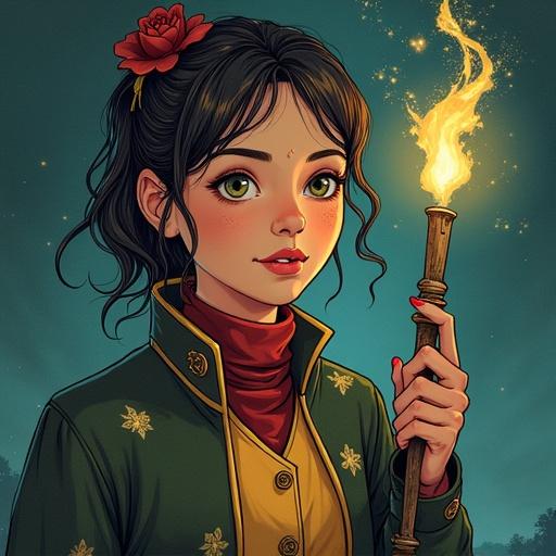 Character Mirtilla from a fantasy comic book. She has a petite stature and penetrating eyes. Exhibits logical and perfectionistic traits. Meticulous and stubborn in nature. Known for inverse magical precision and continuous frustration due to a reverse spell that shattered a tavern window.