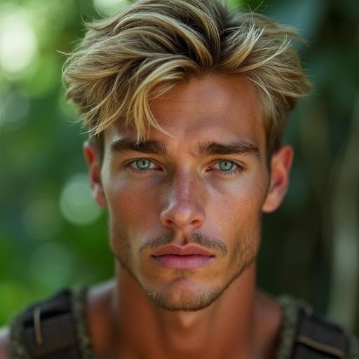 Editorial quality cinematic medium close up image of a handsome muscular young jungle survivor with tousled blonde hair bright blue eyes. Outdoor setting natural soft lighting foliage blurred focus on face. Relaxed expression hint of smile. Diamond shaped face high cheekbones straight nose defined jawline neat stubble. Deep-set hooded eyes low-set brows assessing gaze. Muscular physique broad shoulders functional strength. Medium-short wavy golden-blonde hair with highlights.